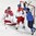 PARIS, FRANCE - MAY 8: Finland's Juhamatti Aaltonen #50 celebrates after Ville Lajunen #47 (not shown) goal while Czech Republic's Petr Mrazek #34 and Radko Gudas #3 look on during preliminary round action at the 2017 IIHF Ice Hockey World Championship. (Photo by Matt Zambonin/HHOF-IIHF Images)